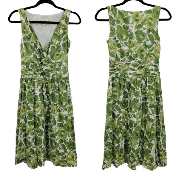 Ann Taylor Loft Dress Cotton Sleeveless Surplice Aline Floral Rosette Green Sz 4 - Picture 1 of 10